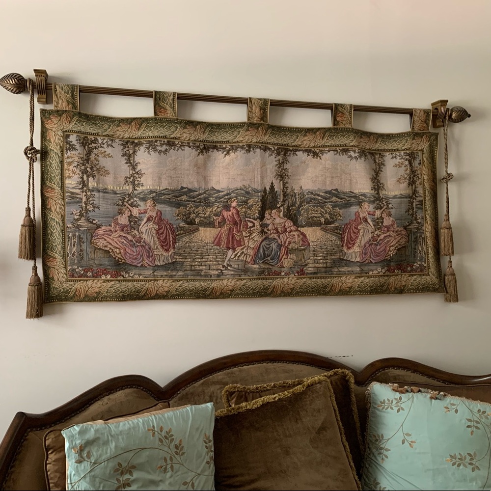 Victorian wall tapestry with antique gold accessory and tassels. Size 39 X 84